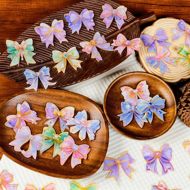56PCS Kawaii Dreamy Bow PET Sticky Sticker Aesthetic Tear Open DIY Decoration Scrapbooking Sketchbook Supplies for Kids
