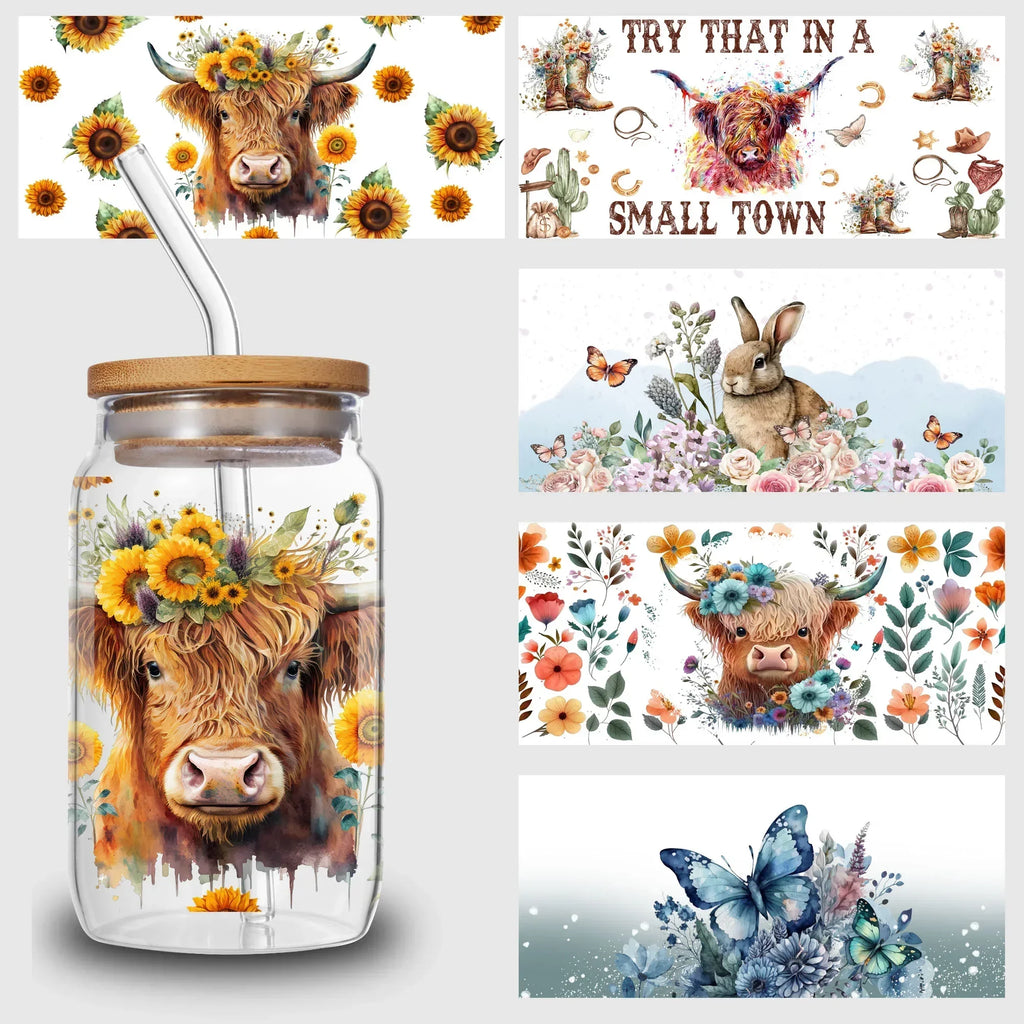 5 Sheets Animal UV DTF Cup Stickers, Glass DTF Transfer Stickers, Waterproof Wipe Transfer Paper for 16 oz Glass, Cups,