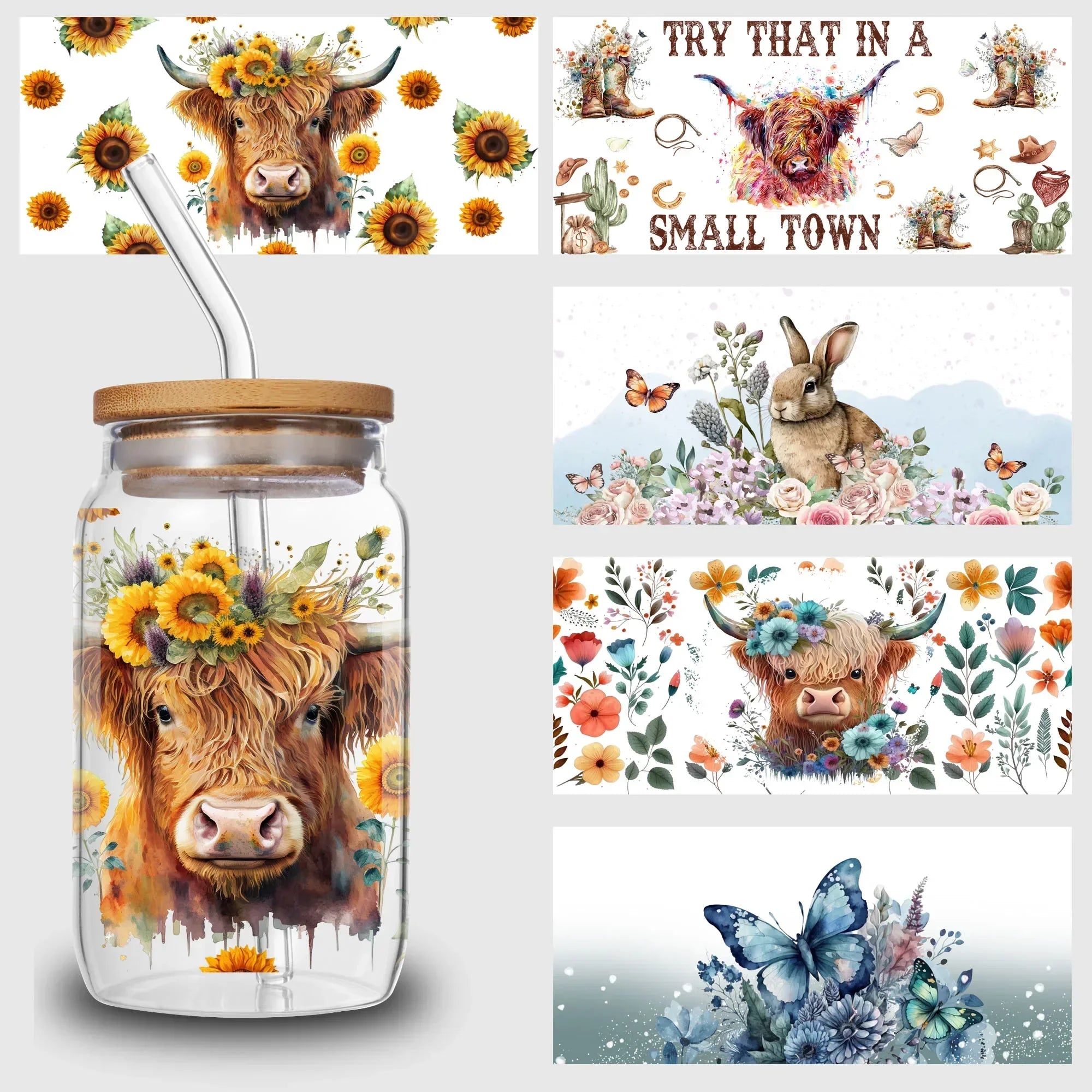5 Sheets Animal UV DTF Cup Stickers, Glass DTF Transfer Stickers, Waterproof Wipe Transfer Paper for 16 oz Glass, Cups,