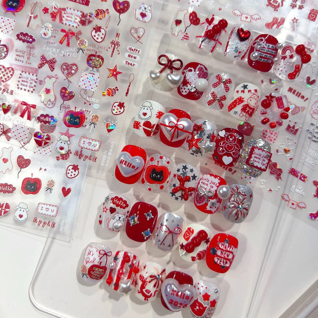 New Year Nails 3D Decorations Stickers Cute Red Graffiti Mini Horse Heart Bow tie Nail Art Stickers DIY Adhesive Nails Stickers