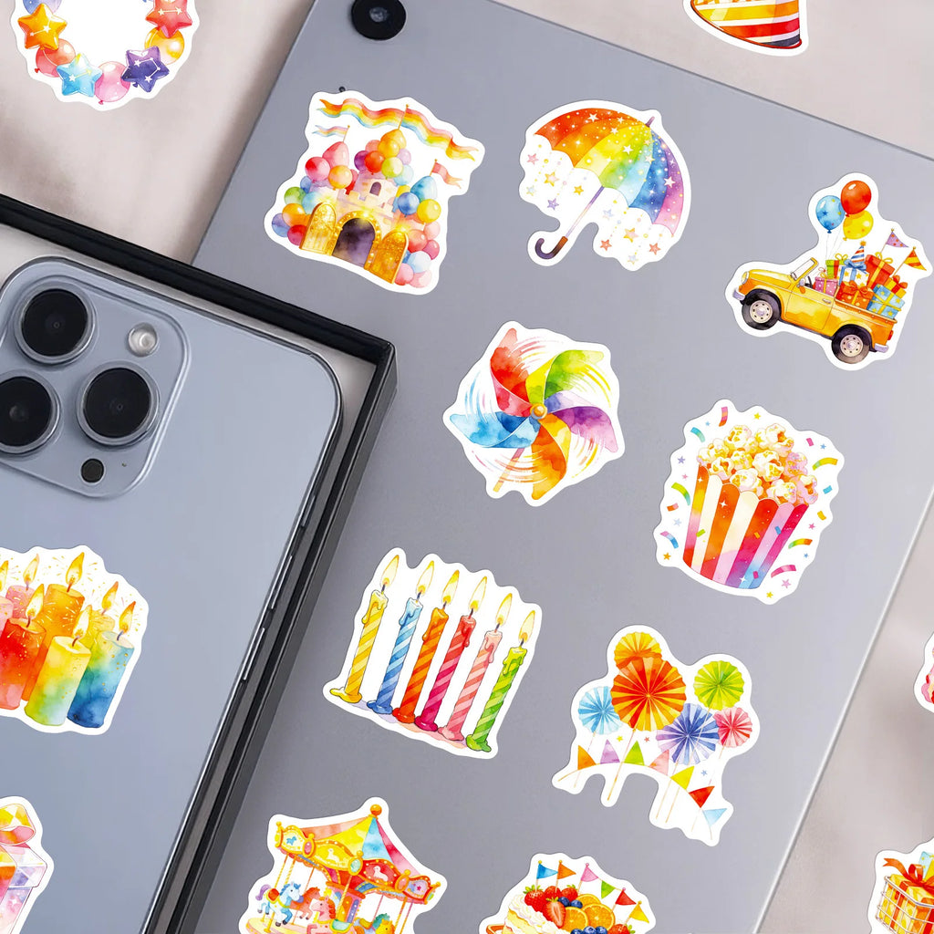 56PCS Watercolor Birthday Party Graffiti Stickers Balloon Cake Candy Elements Student Stationery Notebook Birthday Gift Stickers