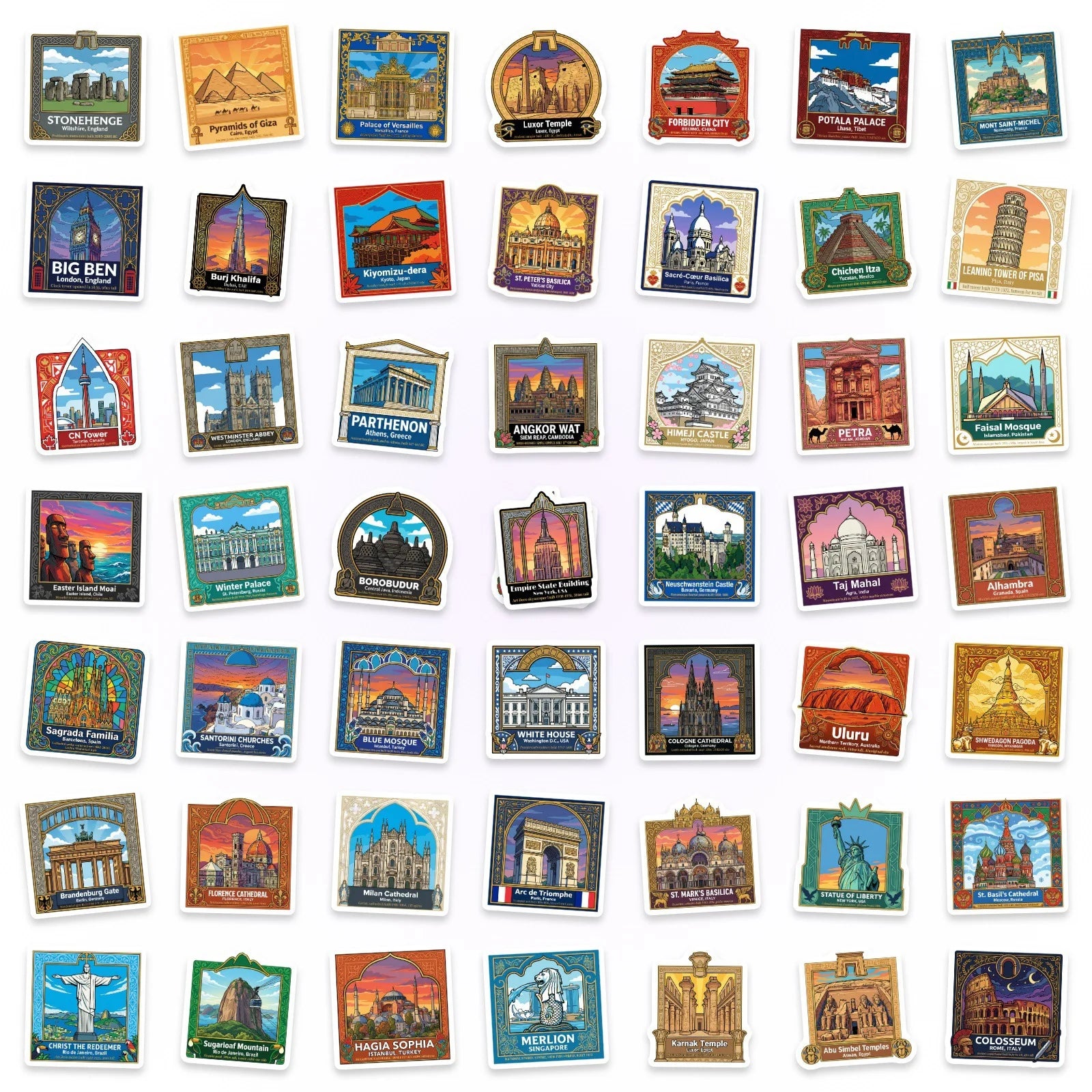 50/100Pcs Vintage Travel World Landmark Stickers Thick Waterproof DIY for Suitcase Notebook Diary Stationery Box Desk Decals