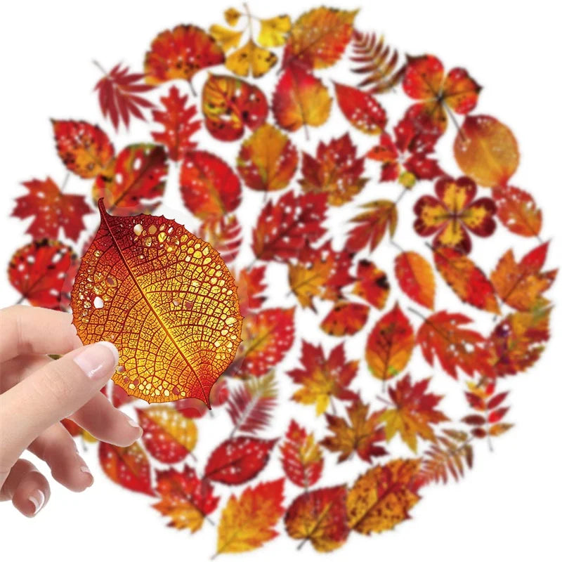 56PCS Red Leaf PET Sticky Sticker Aesthetic Tear Open DIY Decoration Scrapbooking School Stationery Supplies for Kids