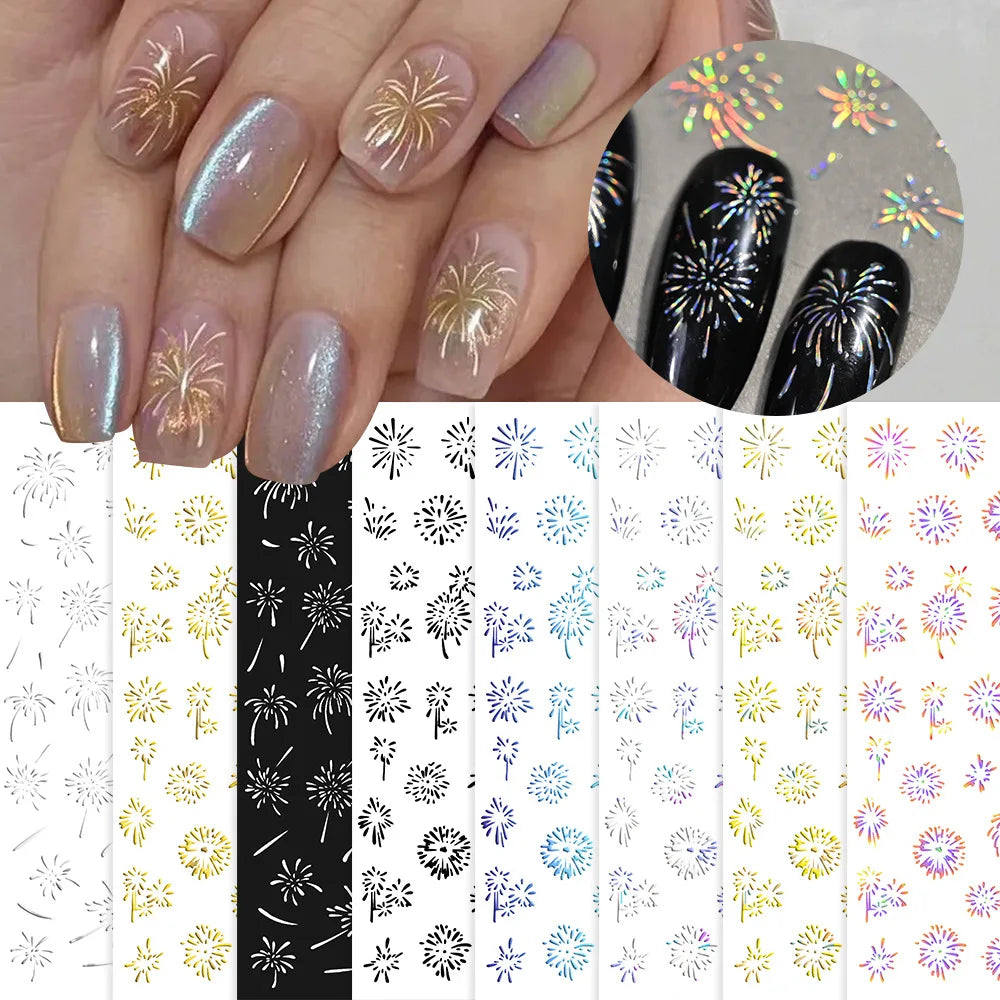 Laser Firework Nail Stickers 3D Self-Adhesive Blooming Fireworks Nail Art Decals New Year Firework Nail Decorations Slider 1pcs
