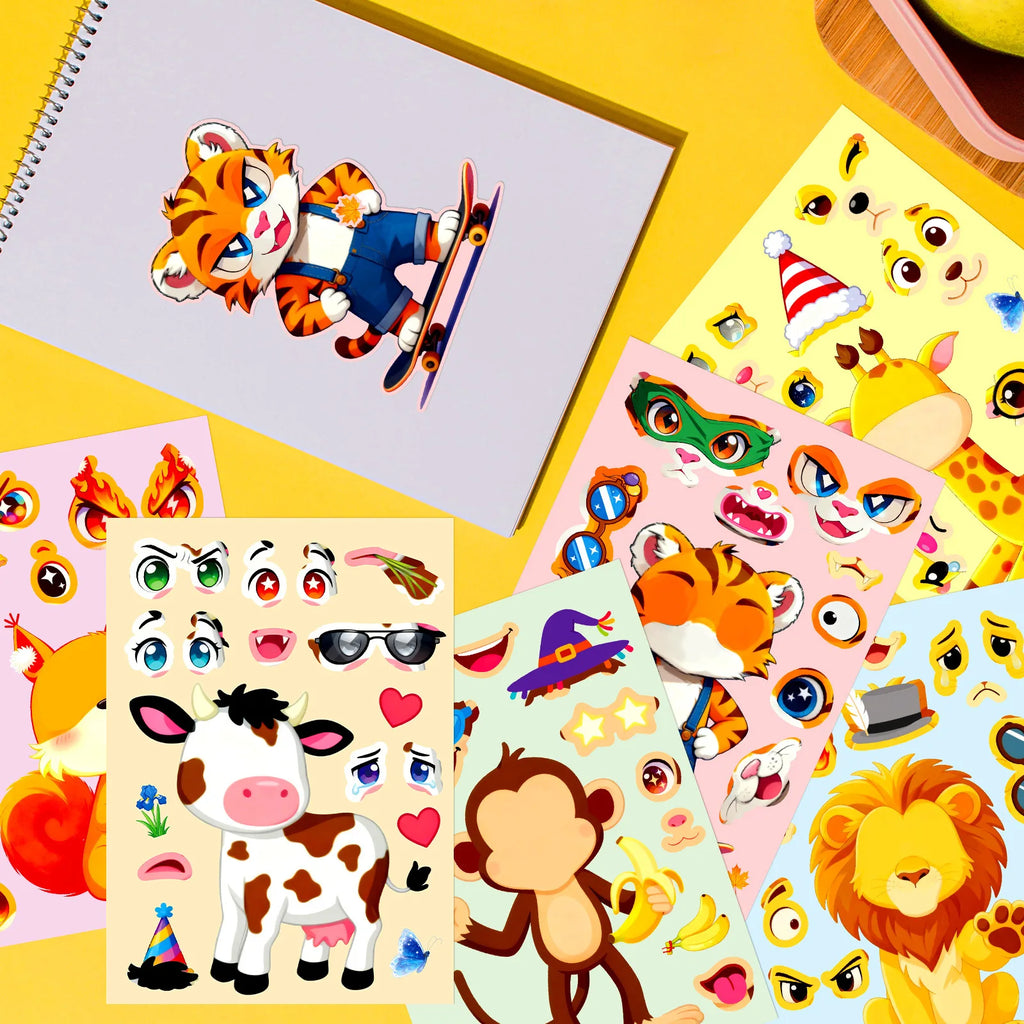 6/12 Pcs Big Eye Animal Cartoon Puzzle Face Swap Make a Face Stickers DIY Toys for Fridge Notebook Suitcase Removable Decals