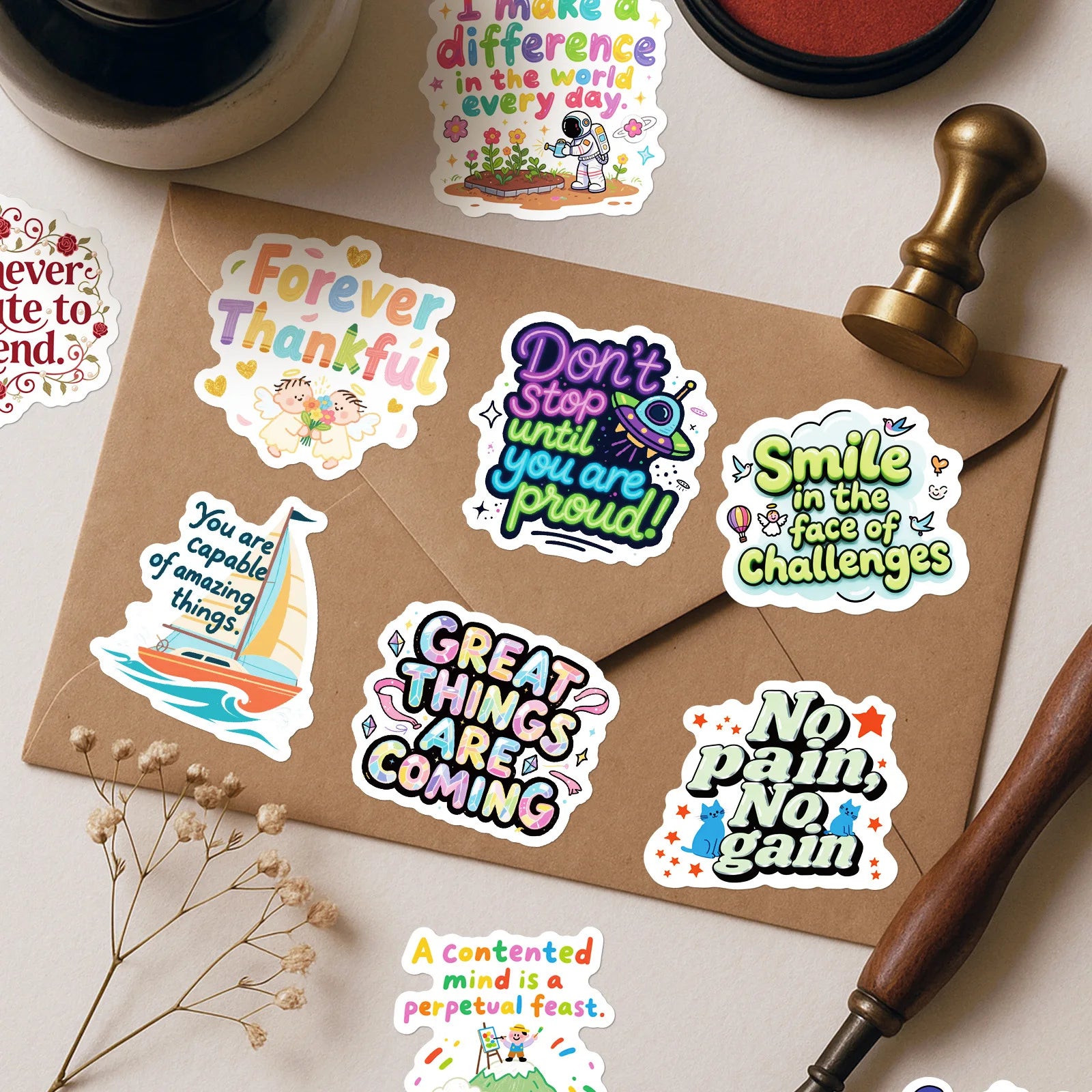 56PCS Colorful English Quote Doodle Stickers, Positive Short Phrases Student Notebook Fridge Decor Art Sticker