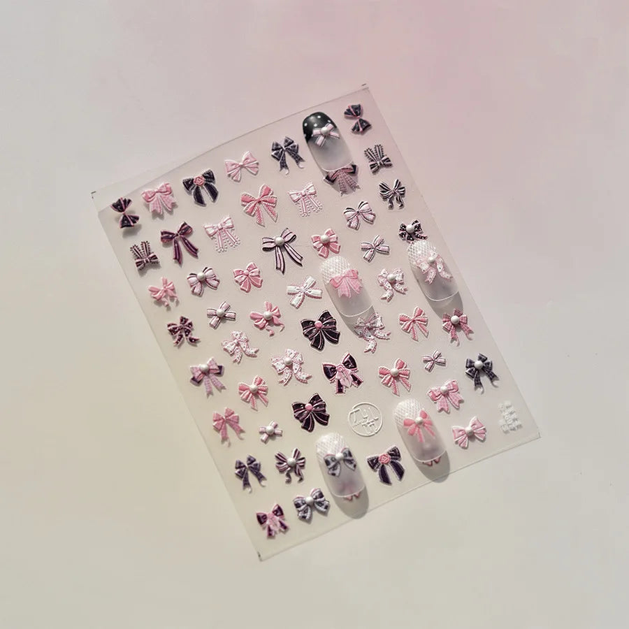 Sweet Pink Black Bow Kont Nail Charms Stickers 5D Luxury Crystal Diamond Nail Sticker Retro Ribbon Bow Adhesive Manicure Decals