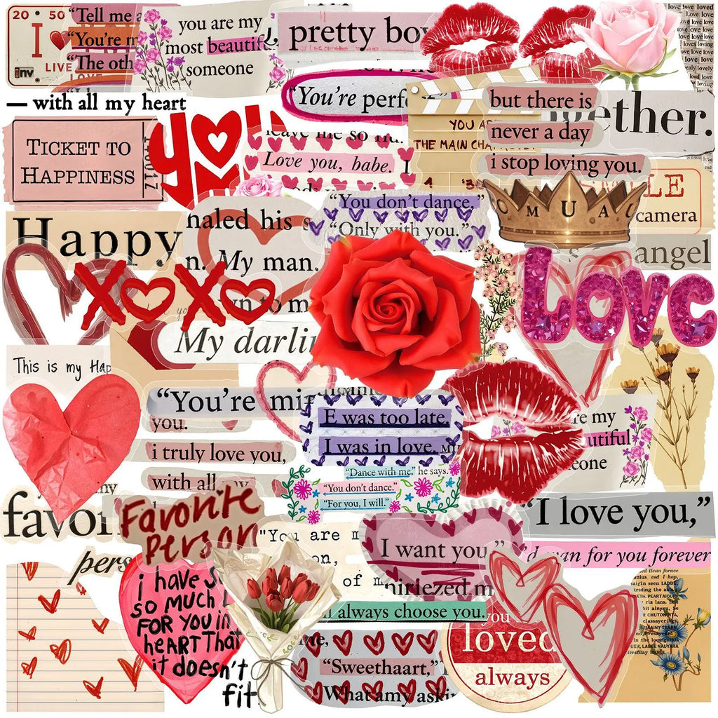 50-Pack Vintage Valentine's Day English PET Plastic Graffiti Stickers for Mobile Phones Notebooks Luggage Helmets Stationery