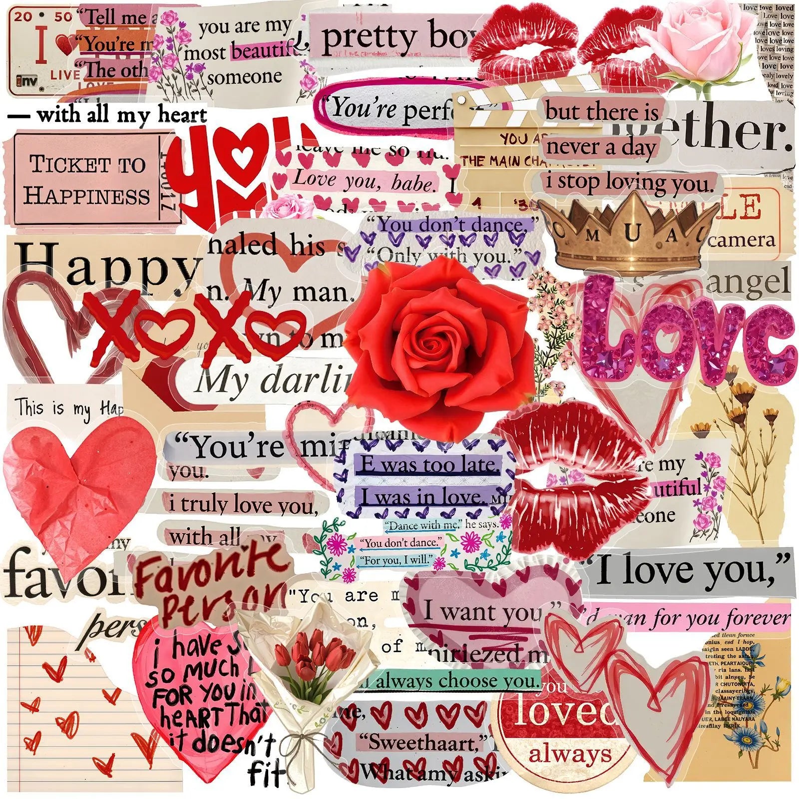 50-Pack Vintage Valentine's Day English PET Plastic Graffiti Stickers for Mobile Phones Notebooks Luggage Helmets Stationery