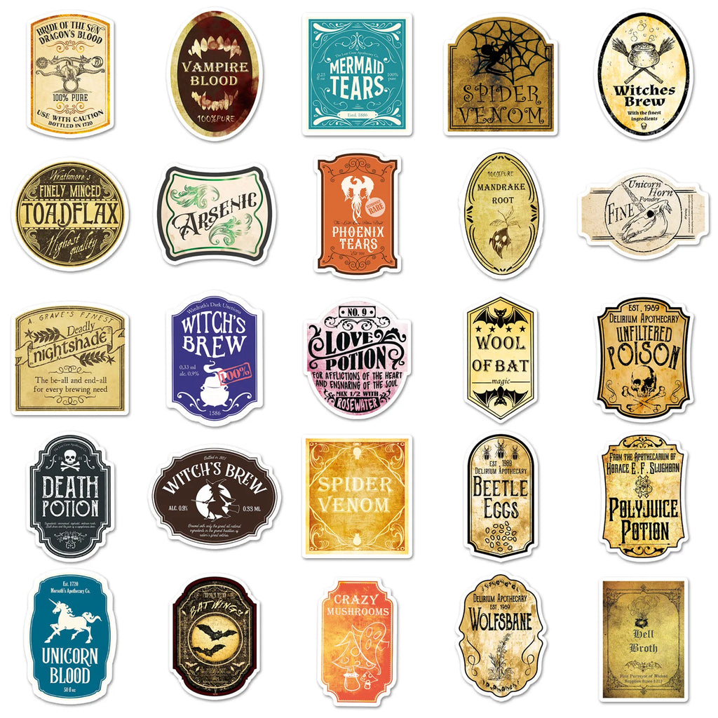 100Pcs Pack Magic Potion Label Graffiti Sticker Personality Retro Decal Decor Stationery Notebook Skateboard Luggage Sticker