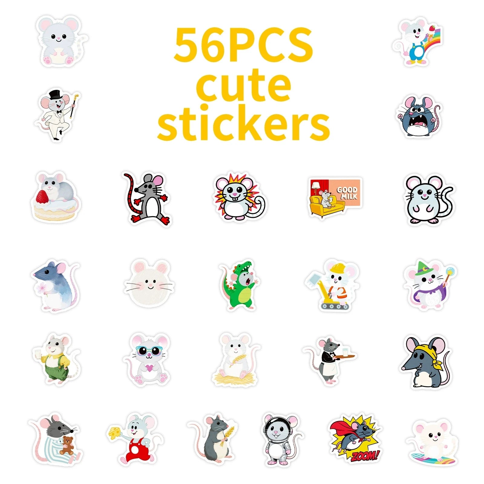 56PCS Cartoon Mouse Graffiti Stickers Creative Cute Decoration Stationery Cup Stickers