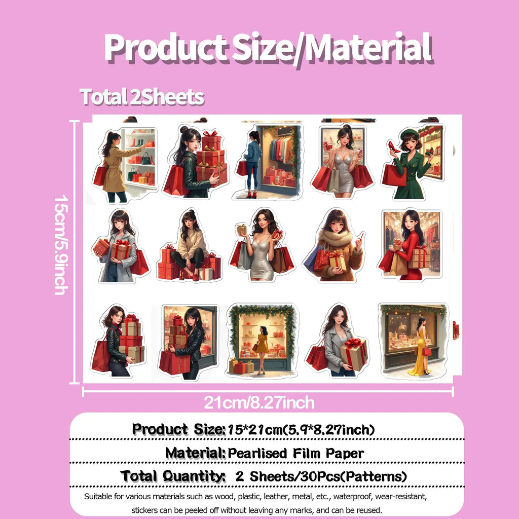 30Pcs/Set Irregular Christmas Shopping Time Lady Waterproof Stickers Reusable/No Residue DlY Craft Decoration Scrapbooking Label