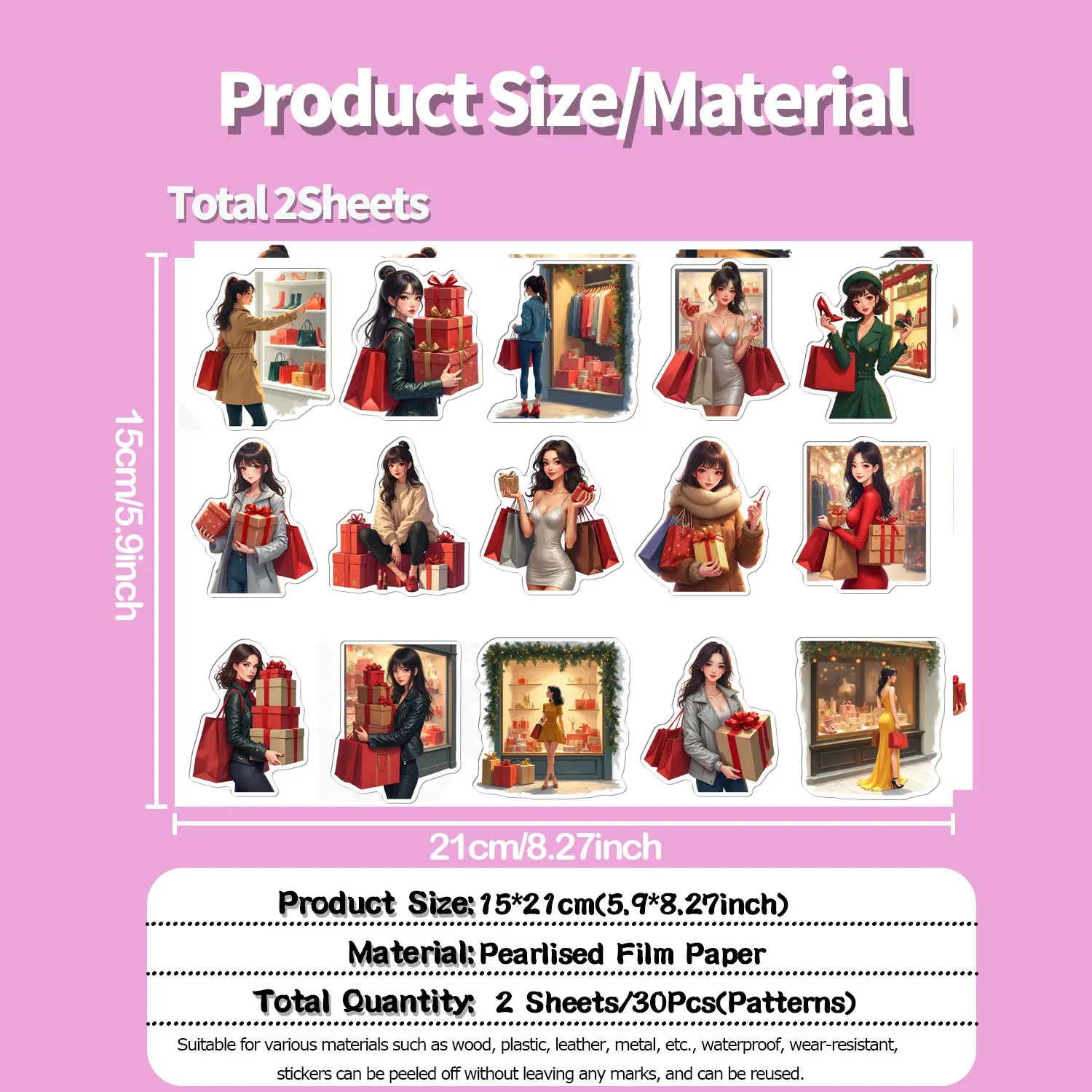30Pcs/Set Irregular Christmas Shopping Time Lady Waterproof Stickers Reusable/No Residue DlY Craft Decoration Scrapbooking Label
