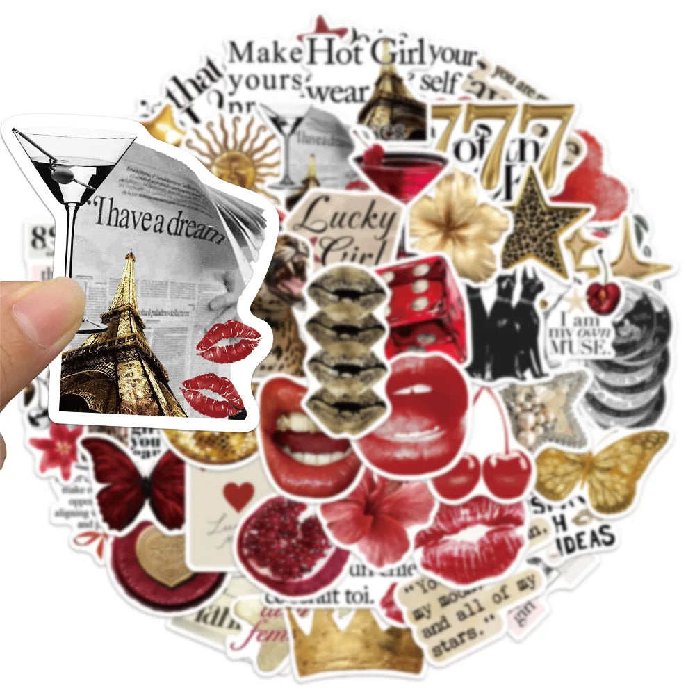50PCS Gold&Red Decorative Stickers Set DIY Scrapbook Phone Case Laptop Tablet Toy Decorative Stickers