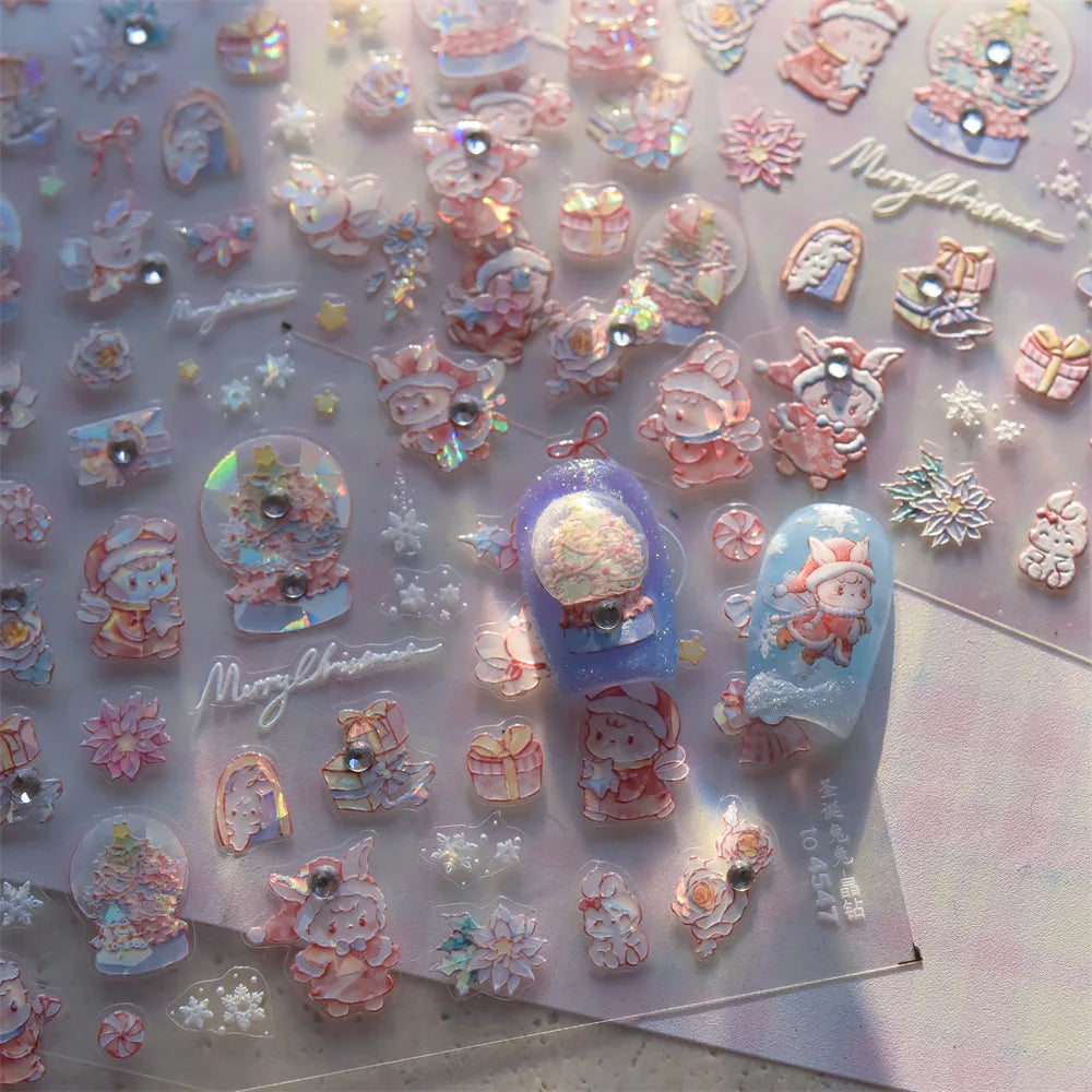 Luxury Crystal Diamond Nail Stickers 5D Cute Apple Christmas Tree Nail Decoration Stickers DIY 3D Happy New Year Manicure Decals