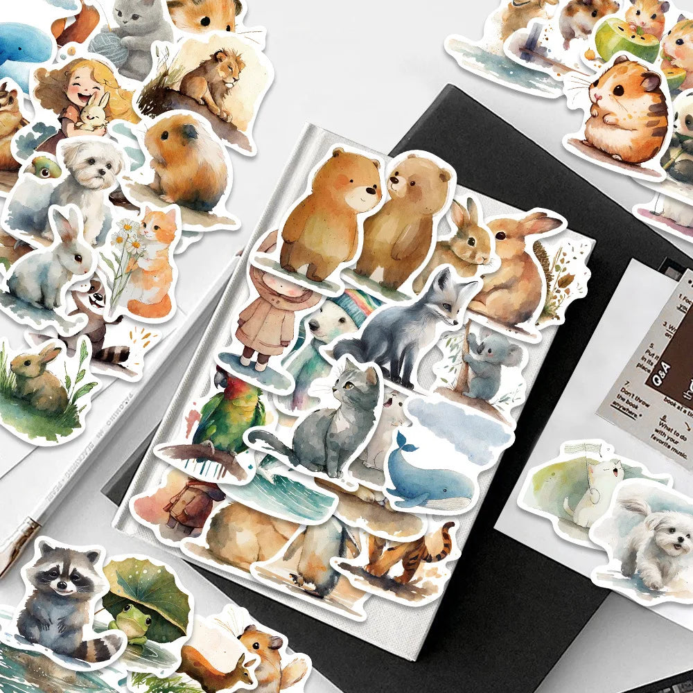 50/100 PCS Cartoon Watercolor Illustration Stickers Laptop Phone Decorative Waterproof Stationery Pen Holder Stickers