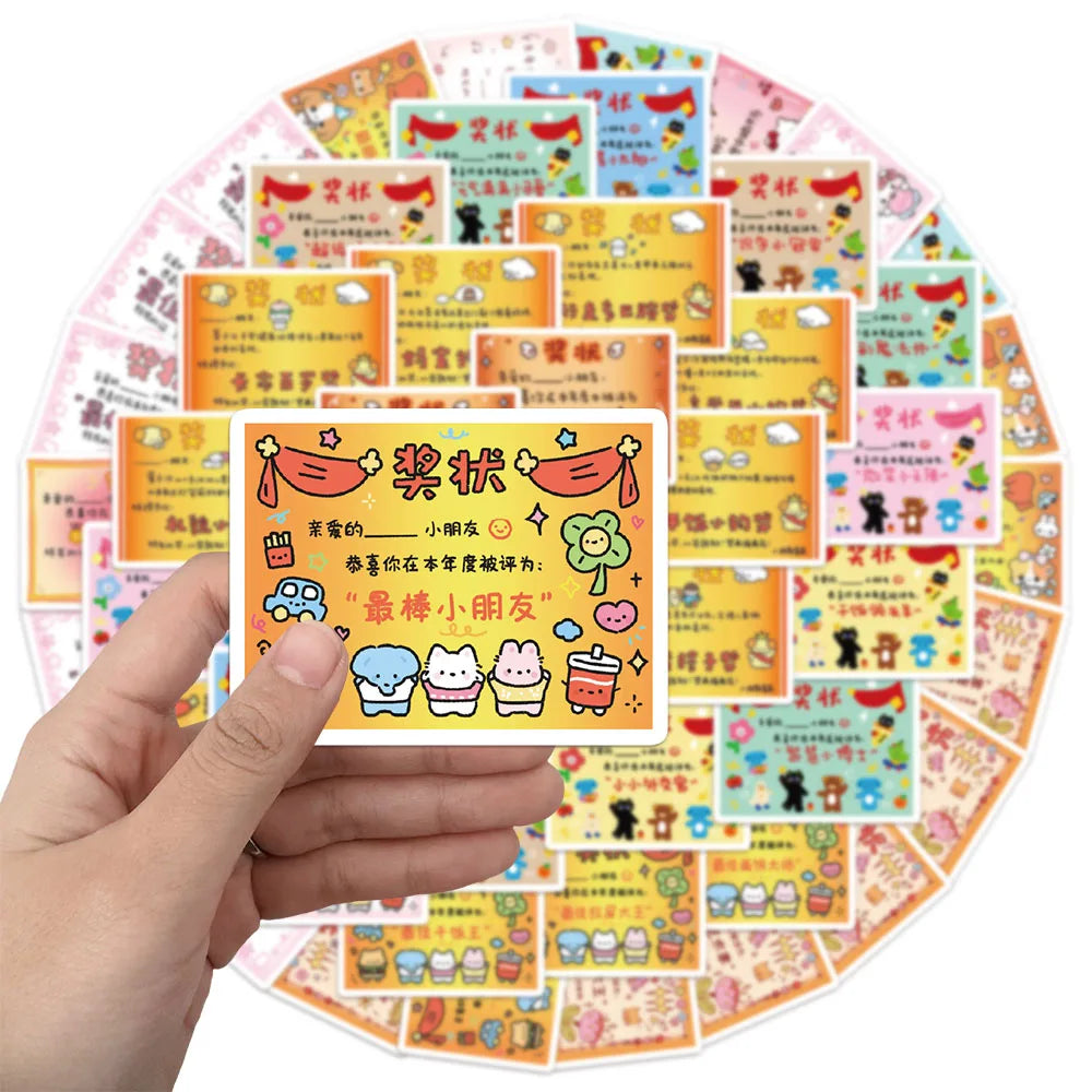 50PCS Cute Cartoon Certificate Creative Fun Stickers DIY Handmade Audio Decoration Luggage Notebook Label Reward Stickers