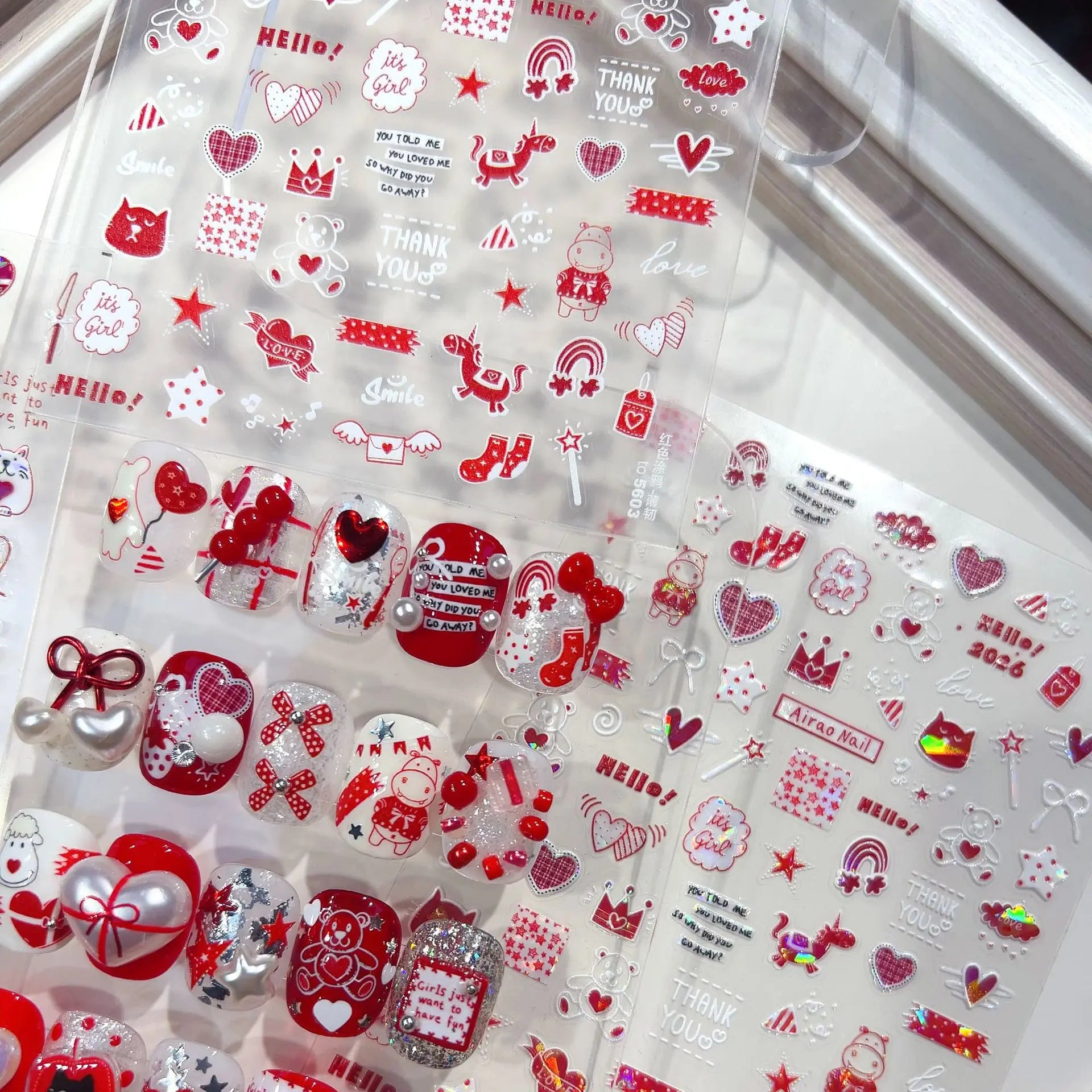 New Year Nails 3D Decorations Stickers Cute Red Graffiti Mini Horse Heart Bow tie Nail Art Stickers DIY Adhesive Nails Stickers