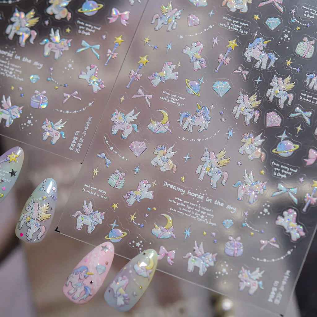 Glitter Starry Sky Dream Horse Nail 3D Decorations Stickers 5D Shell Light Dreamy Nail Art Stickers Self Adhesive Manicure Decal