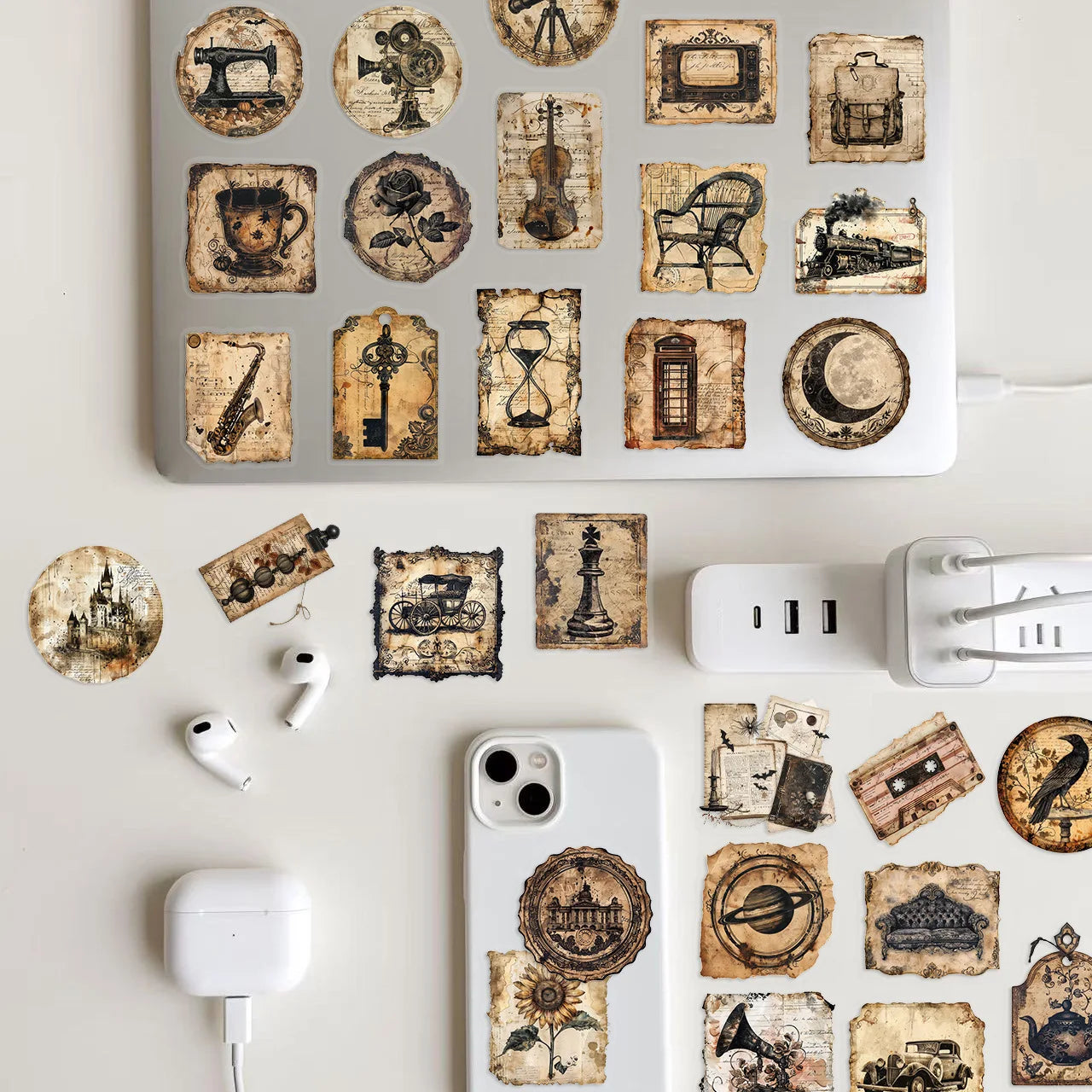 50Pcs Vintage-style Original Memory Theme Stickers Decorating Notebooks Drawers Desks Guitars Pianos PET Transparent Stickers