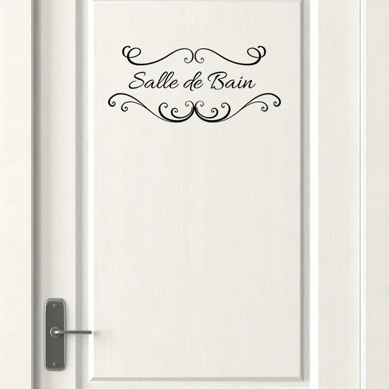 1pc French "Salle de Bain" Vinyl Door Decal - Contemporary Style, Removable Bathroom & Restroom Wall Sticker with Elegant Laurel