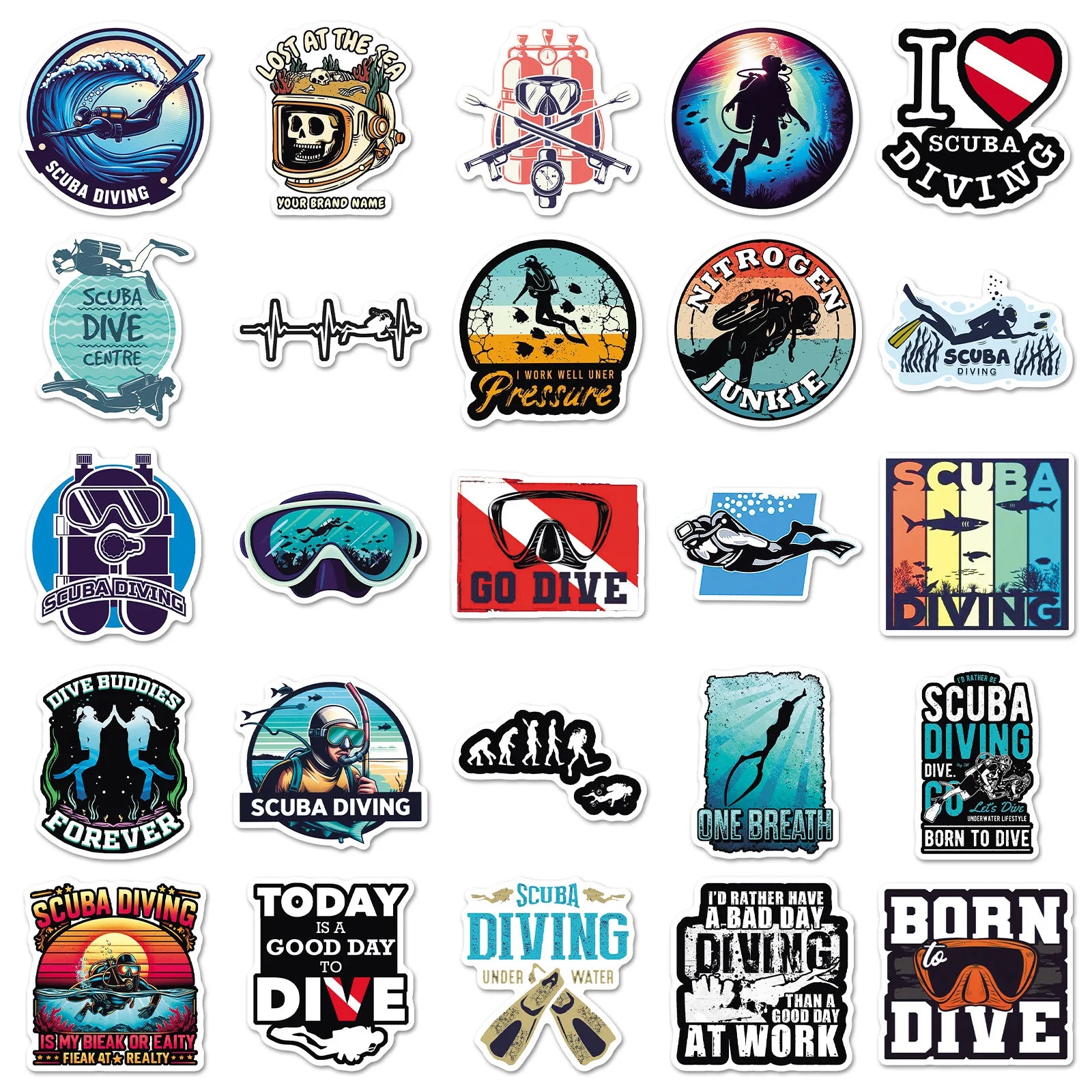 50-Pack Cartoon Diving Underwater Sports Graffiti Stickers Waterproof Decoration for Phone Luggage Fridge Notebook