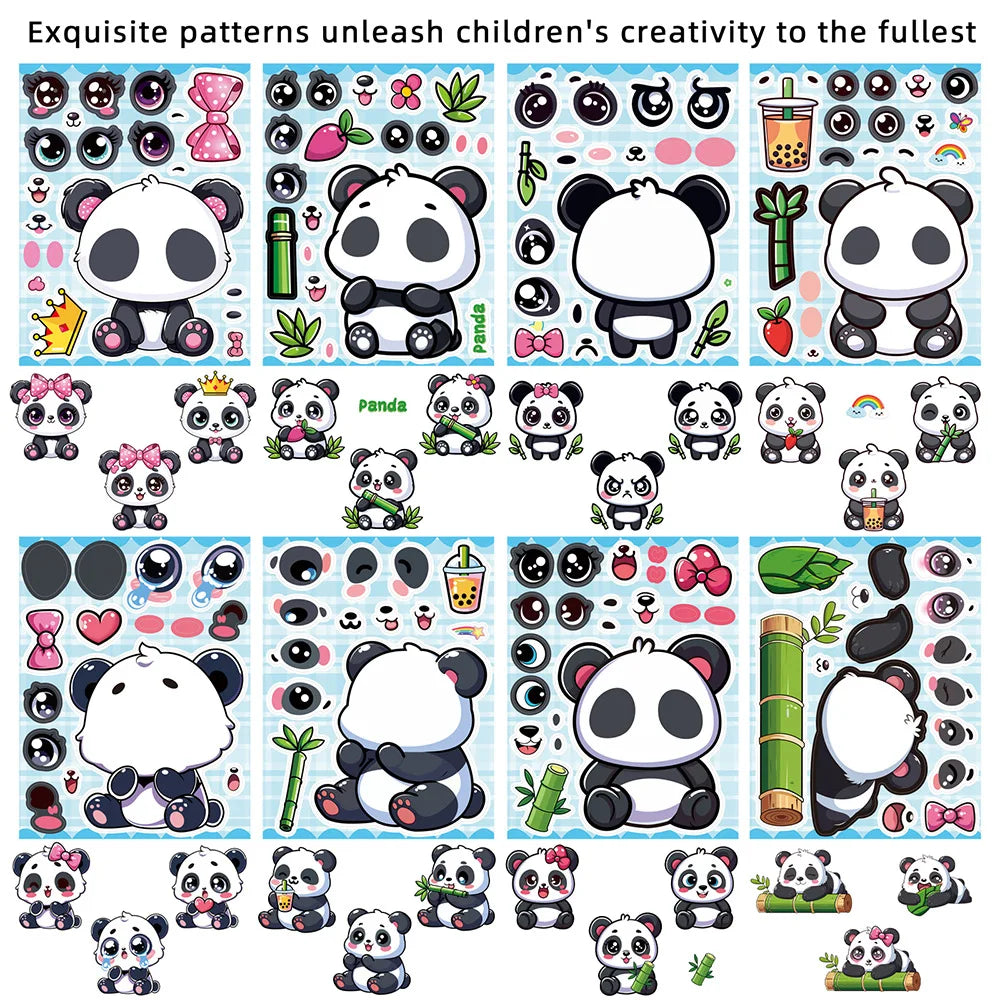 8/16/24Pcs Panda Make A Face Puzzle Stickers, Cartoon Fun Stationery Decals Phone Laptop Fridge Notebook Kids DIY Decor Stickers