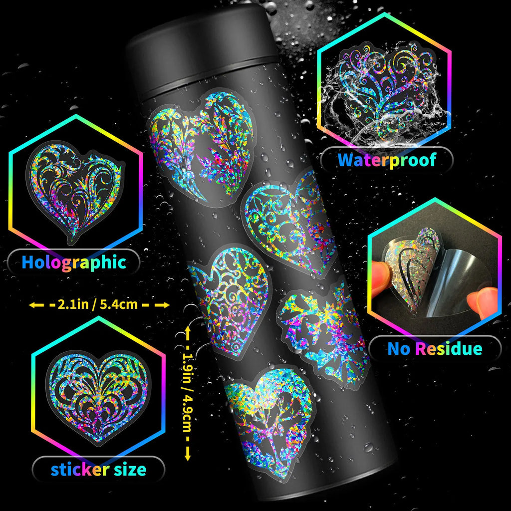 50 Transparent Laser Love Heart PET Stickers Laser Colorful Flowing Hemp Stickers Handbook Material Decoration Stickers