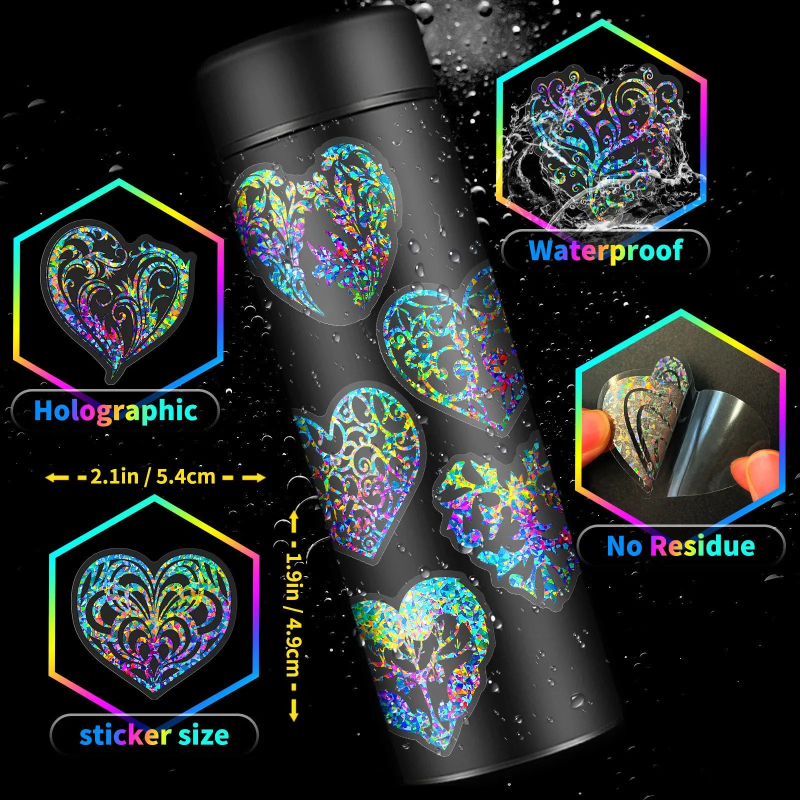 50 Transparent Laser Love Heart PET Stickers Laser Colorful Flowing Hemp Stickers Handbook Material Decoration Stickers