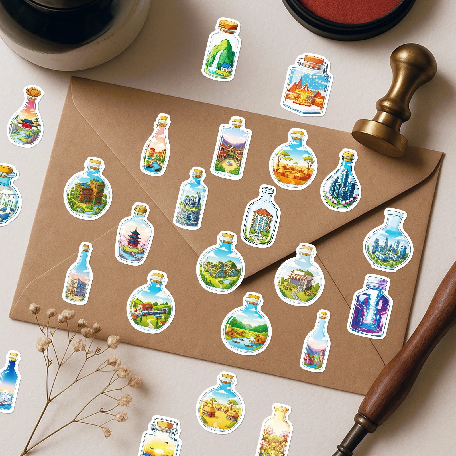 56/112PCS Bottle World Glass Cartoon Stickers Miniature Landscape Building Dreamy Healing Waterproof Stationery Reward Stickers