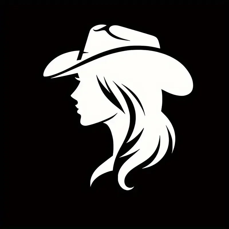 2D Flat, Western Cowgirl Vinyl Decal - Durable Self-Adhesive 2D Car Sticker with Black Silhouette, Flowing Hair & Cowboy Hat Des