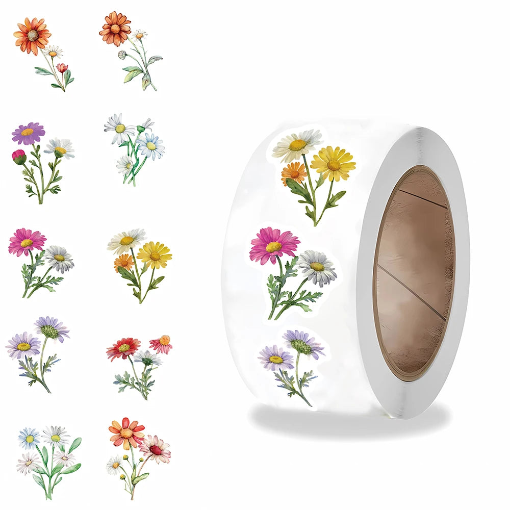500PCS Daisy wildflowers Roll Stickers Colorful Cartoon Painted Flowers Scrapbooking Coffee Phone Art Picture Luggage Sticker