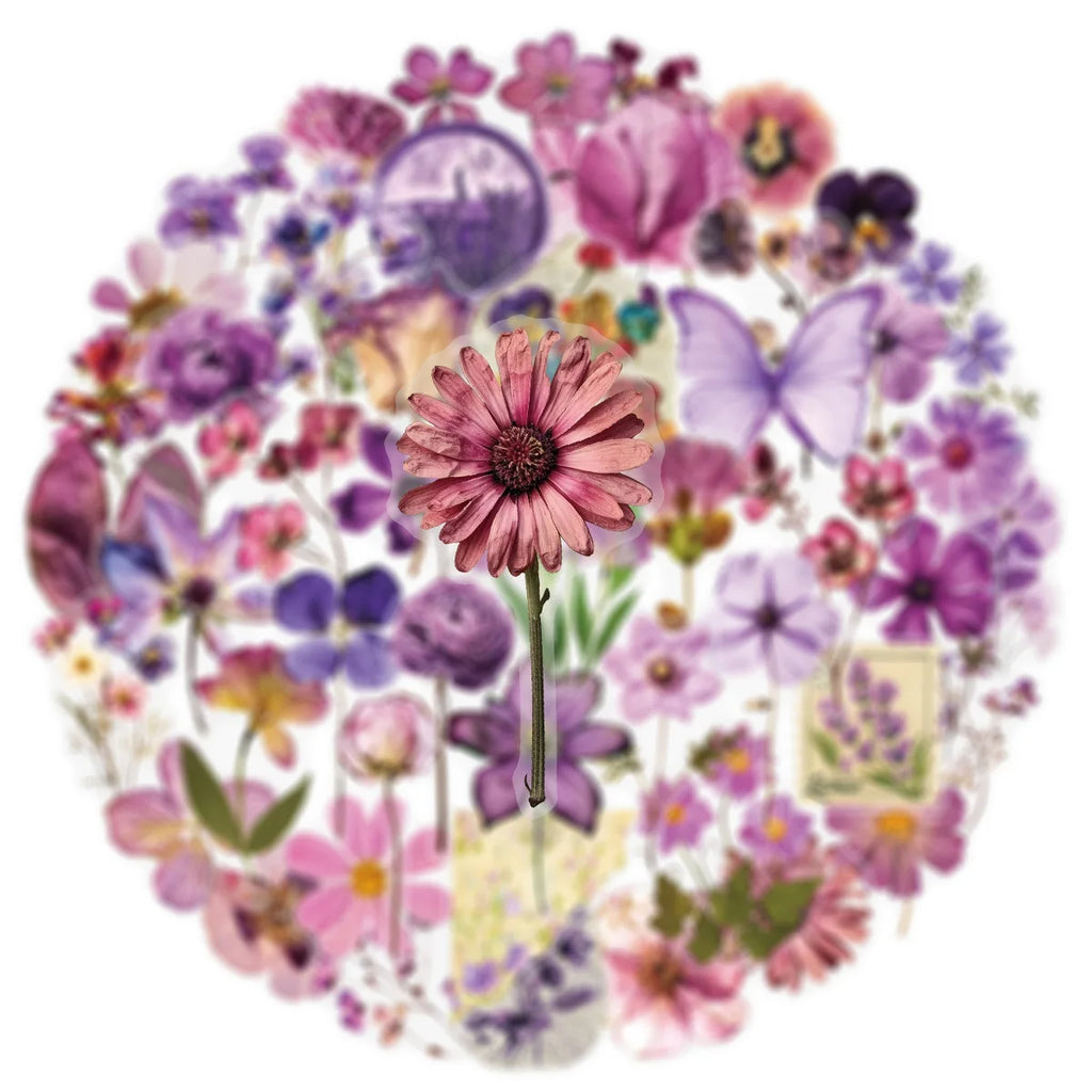 50/100PCS Transparent PET Purple Flower Stickers Pen Holder Notebook Tablet Water Cup Stationery Decorative Waterproof Stickers