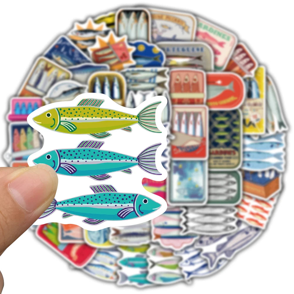 50/100PCS Cute Sardine Sticker Creative Bicycle Luggage Guitar Motorcycle Cartoon Phone Stationery Cafe Bicycle Art Stickers