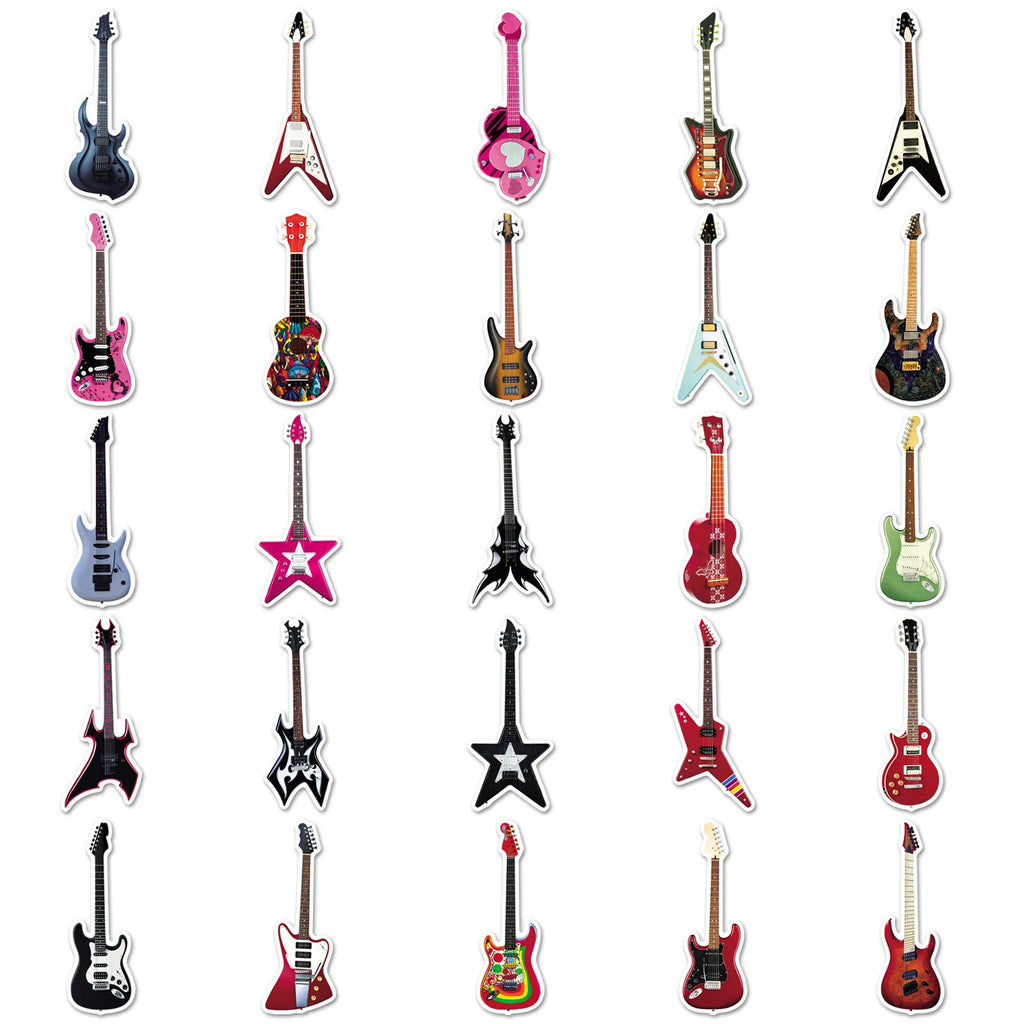50-Pack Guitar Graffiti Stickers Cartoon Musical Instrument Decorations for Water Bottles Luggage Helmets Stationery Notebooks