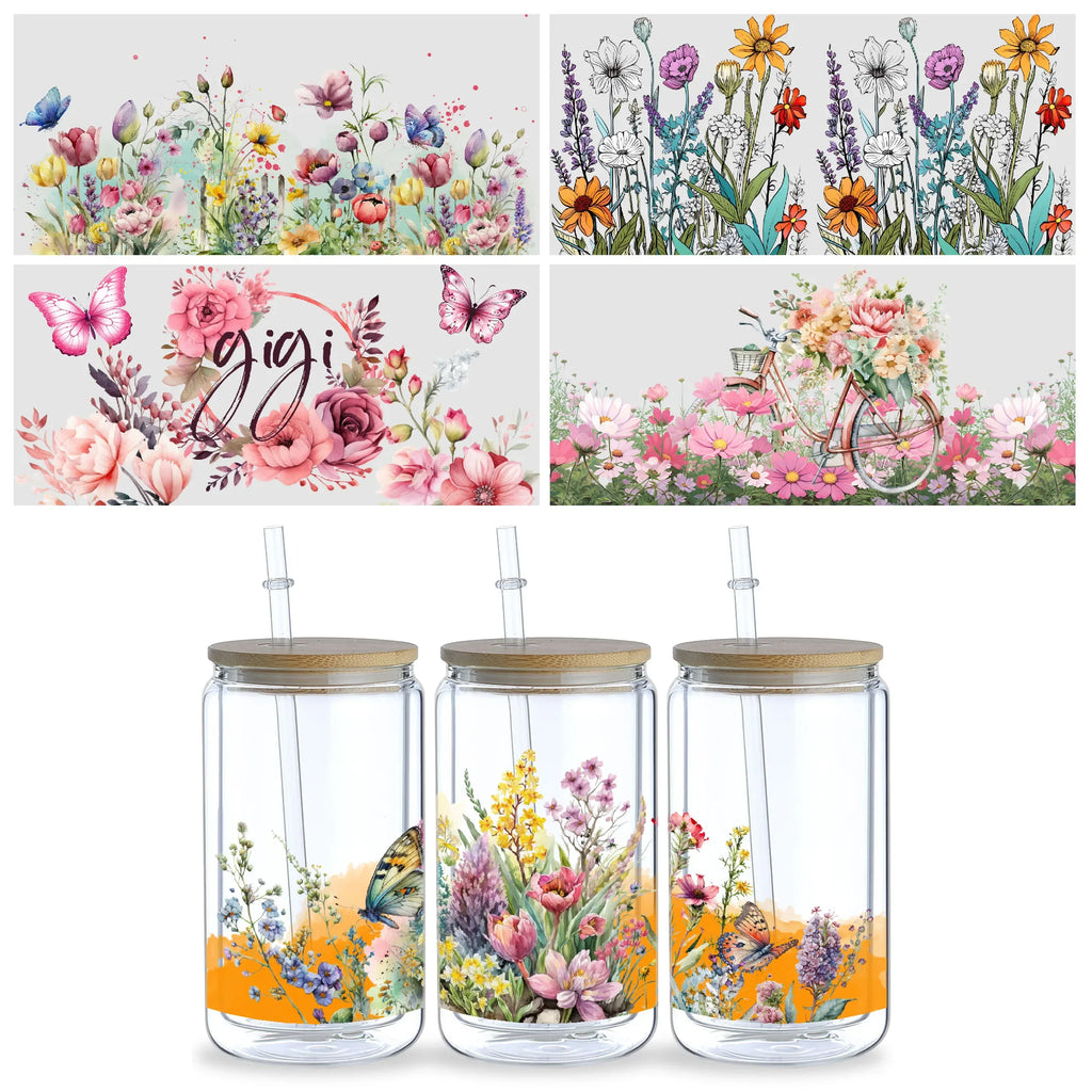 5 sheets of plant UV transfer waterproof self-adhesive stickers for mugs water bottles, DTF transfer stickers for 16 oz glass