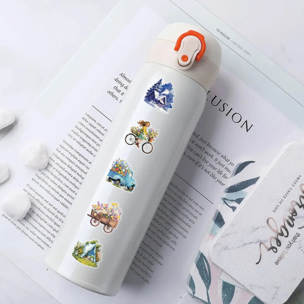 50/100PCS Transparent PET Outdoor Travel Cartoon Stickers Watercolor Camping Creative Painting Decor Flat Stationery Sticker