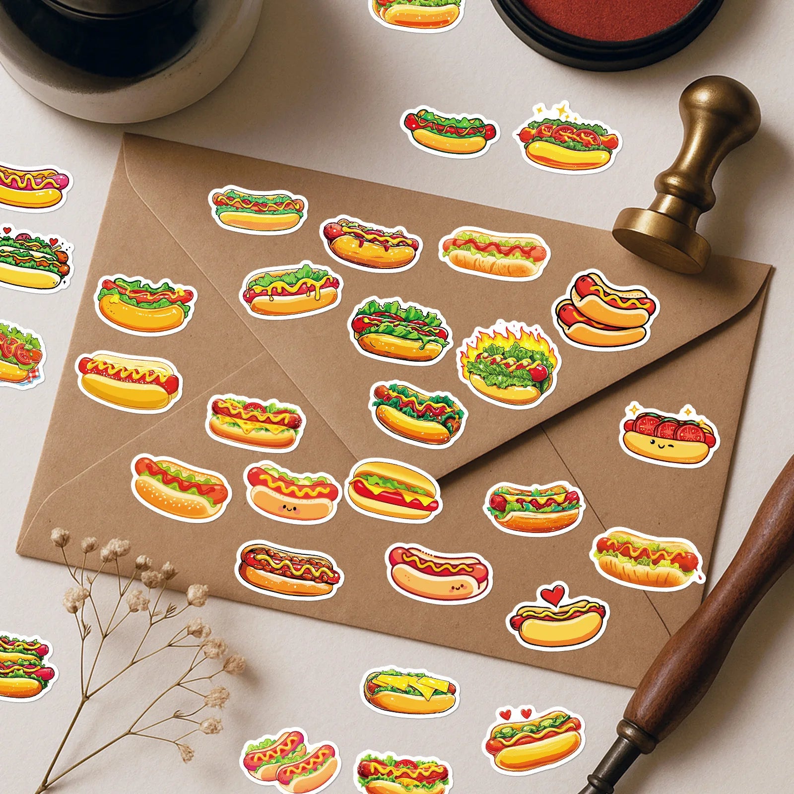56PCS Cute Hot Dog Cartoon Stickers Smile Bread Sausage Hand drawn Food Decoration Children's Stationery Stickers