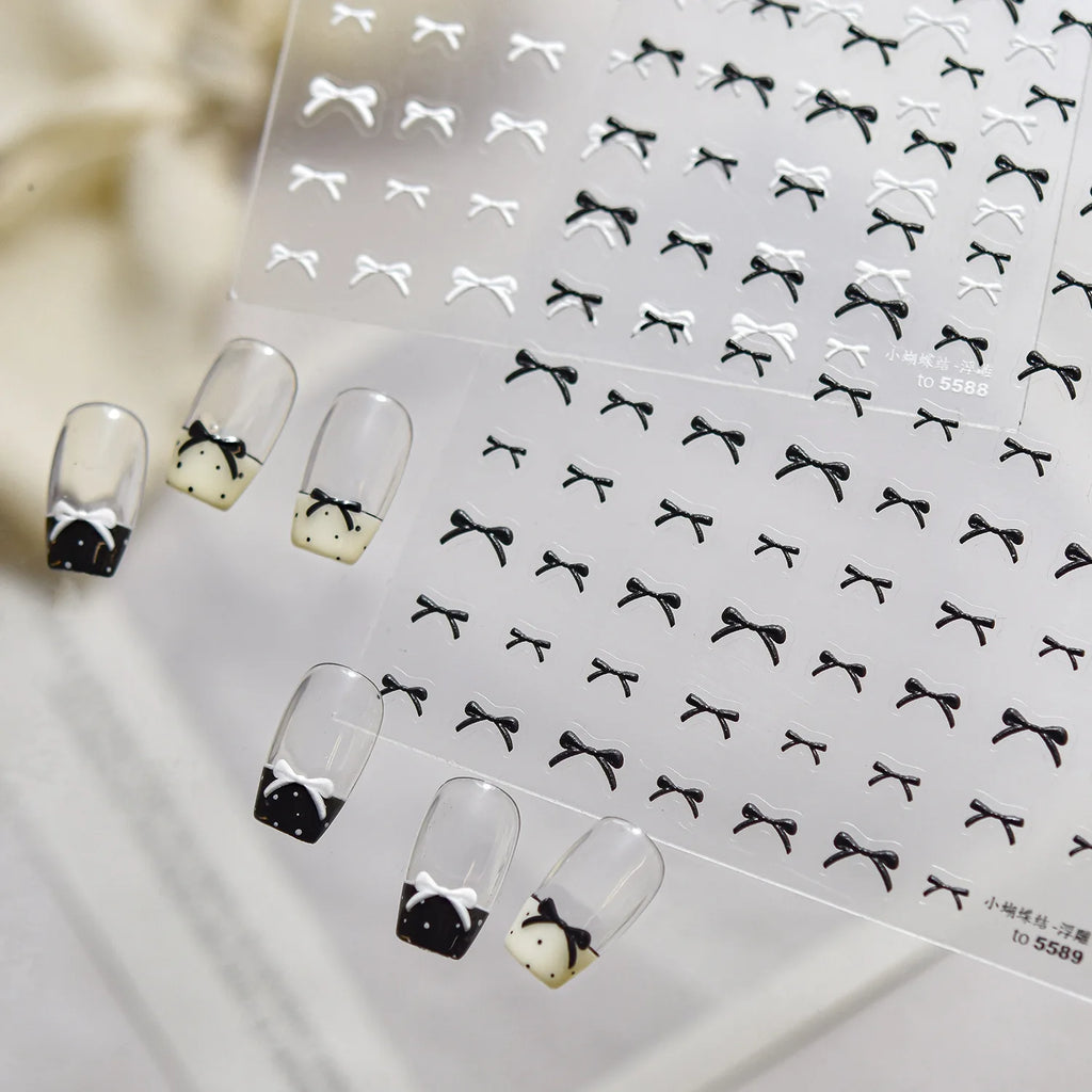 Exqusitive Mini Bows Nail Stickers 5D Reliefs Nail Art Stickers White Black Red Bowtie Nail 3D Decorations Adhesive Decals DIY