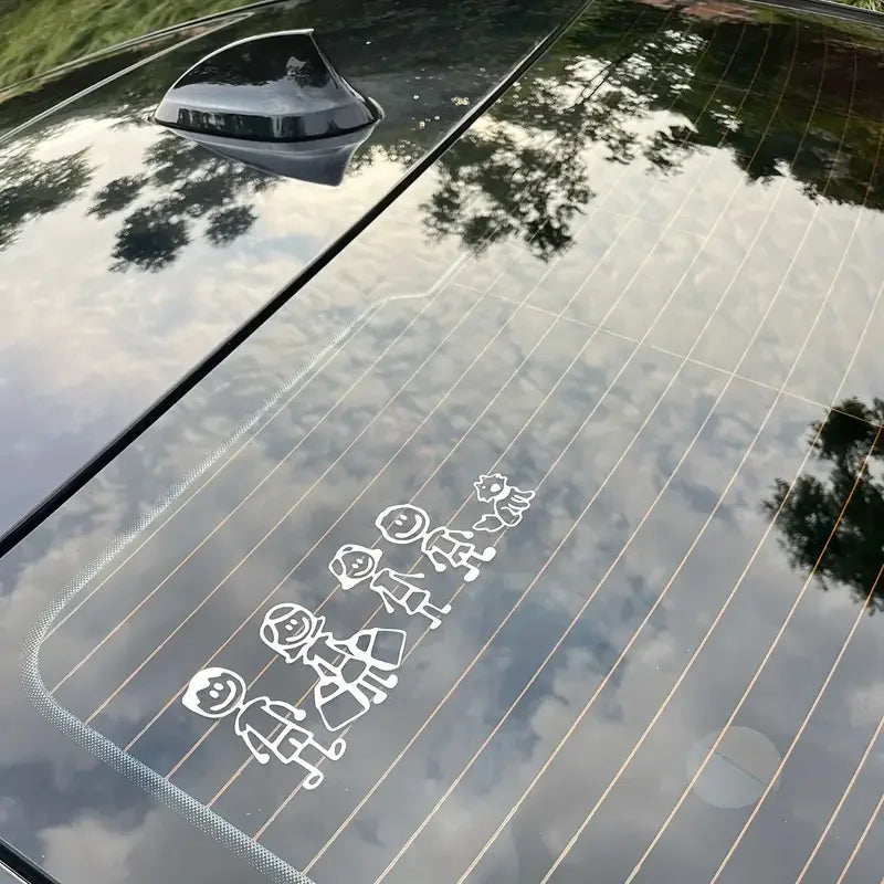 White Cartoon Four Little Kids Walking Dog Car Sticker