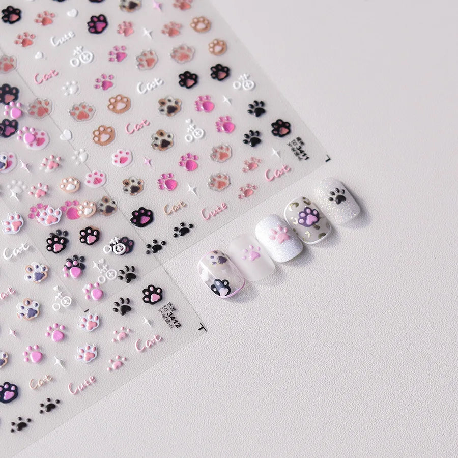Nail Stickers Cat Cute Jelly Pink Cat Paw Cartoon 5D Embossed Relief Self Adhesive Nail Art Sticker 3D Manicure Decals DIY Parts