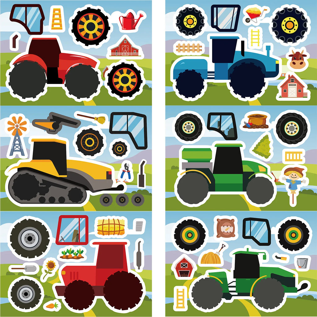 8/16/24PCS Toy Puzzle Stickers Cartoon Engineering Car Make a Face Stickers DIY Handicrafts Waterproof Stickers