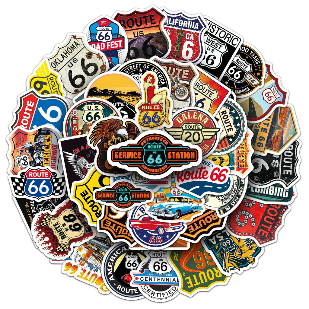 50PCS Classic US Route 66 Stickers, Student Stationery Laptop Helmet Skateboard Decorative Art Waterproof Sticker