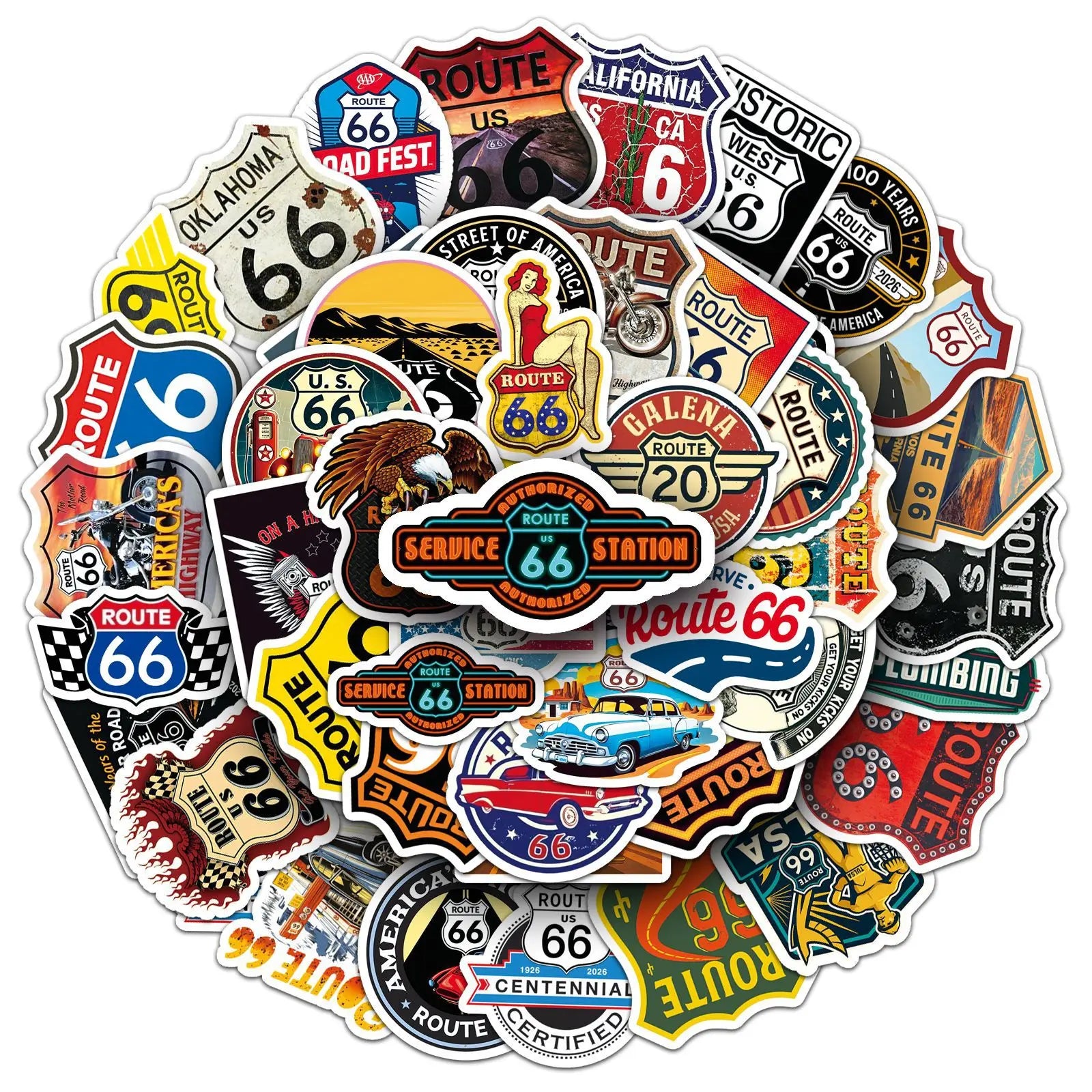 50PCS Classic US Route 66 Stickers, Student Stationery Laptop Helmet Skateboard Decorative Art Waterproof Sticker