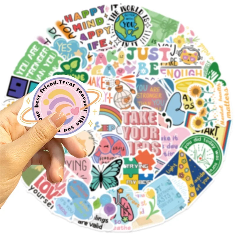 10/30/50PCS Cartoon Mental Health PVC Sticky Sticker Aesthetic DIY Stationery Decoration Scrapbooking School Supplies for Kids