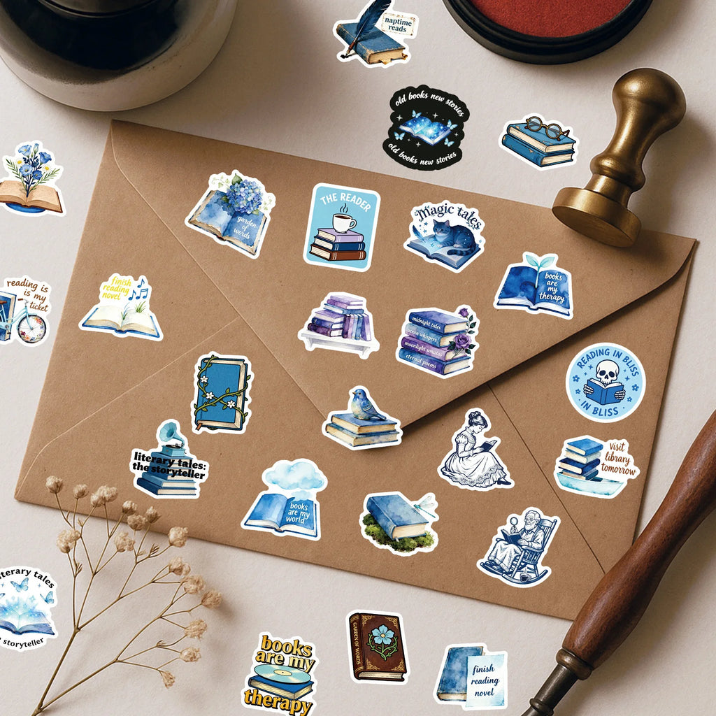 56PCS Bookshelf Therapy Doodle Stickers, Blue Reading Theme Student Stationery Notebook Suitcase DIY Decorative Art Sticker