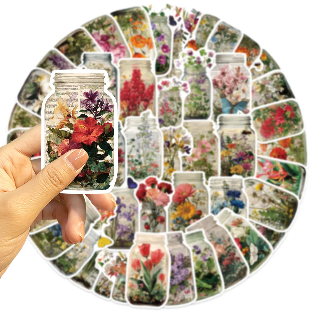 50/100Pcs Retro Flower Bottle Doodle Sticker School Stationery Notebook Decals Guitar Laptop Luggage DIY Waterproof Stickers