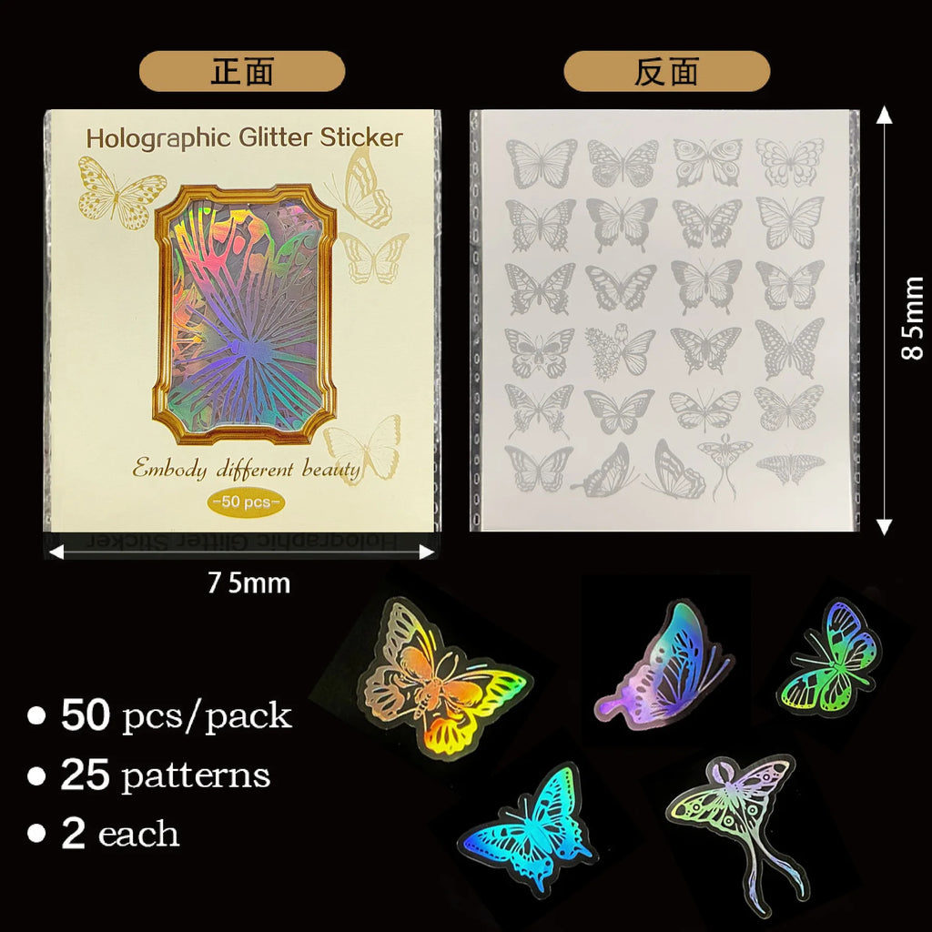 50PCS Holographic Laser Stickers Transparent Retro DIY Decoration Sparkling Creative Handmade Stationery PET Sticker Pack