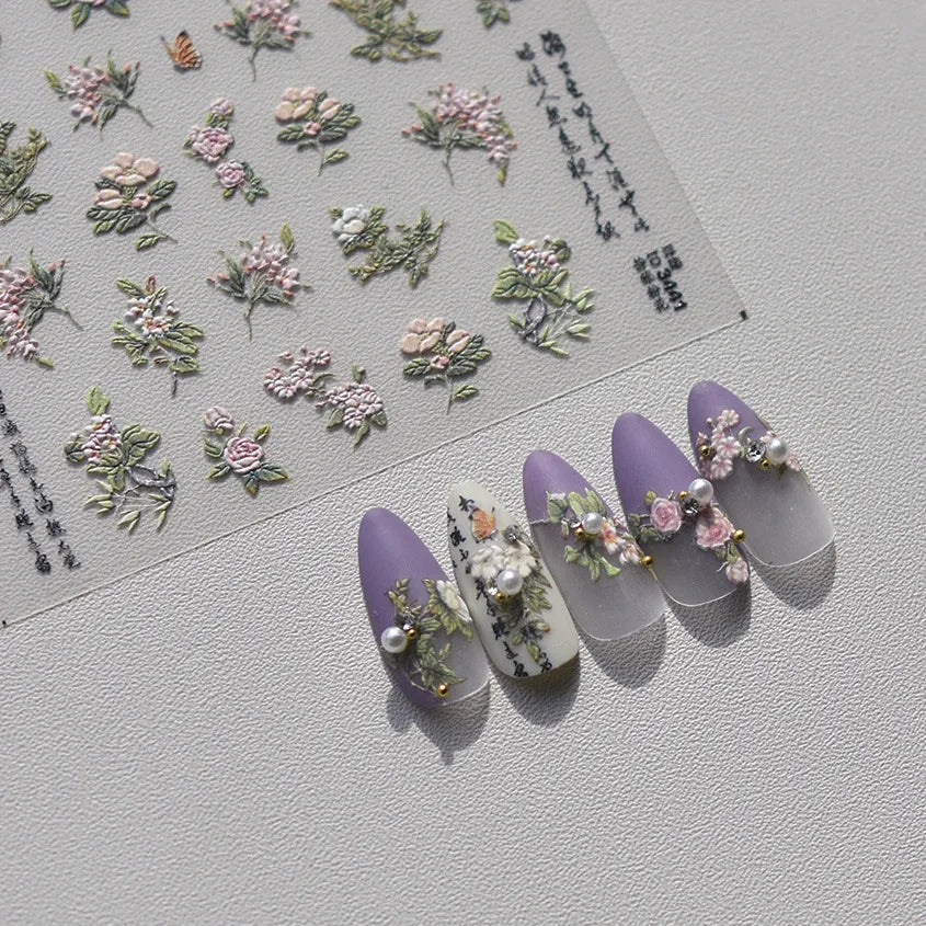 5D Embossed Nail Stickers Elegant Pink Flowers Self Adhesive Nails 3D Decorations Stickers DIY Charms Flowers Nails Art Decals