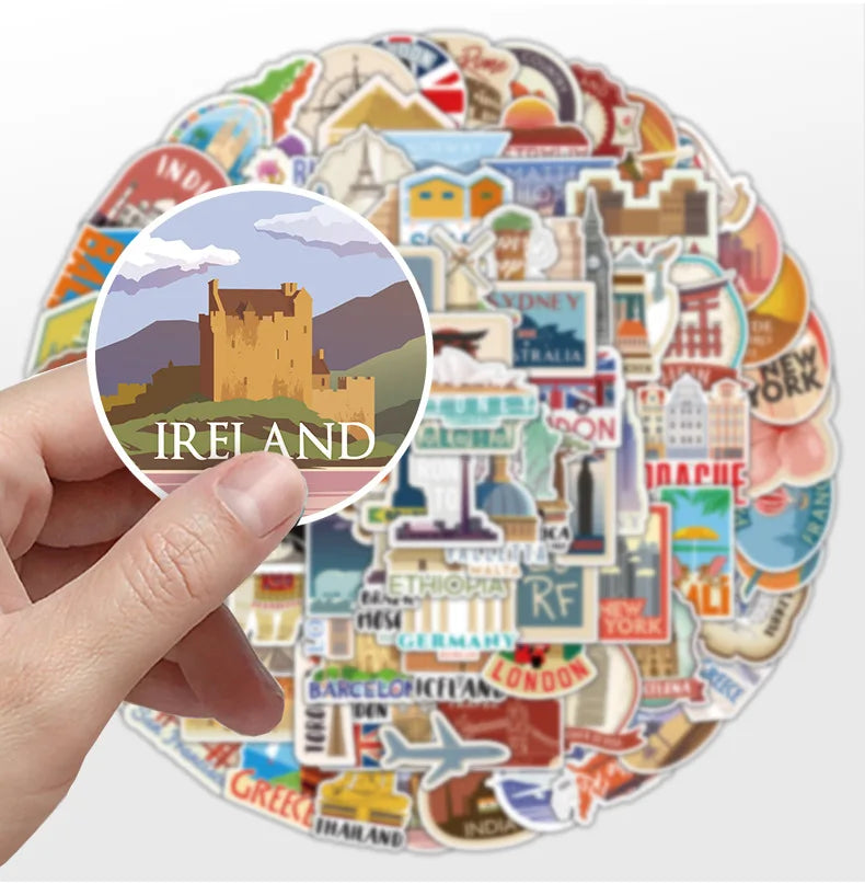100Pcs World Famous Travel Landmark Doodle Stickers, Stationery Notebook Phone Guitar Fridge Luggage Waterproof Decals Stickers